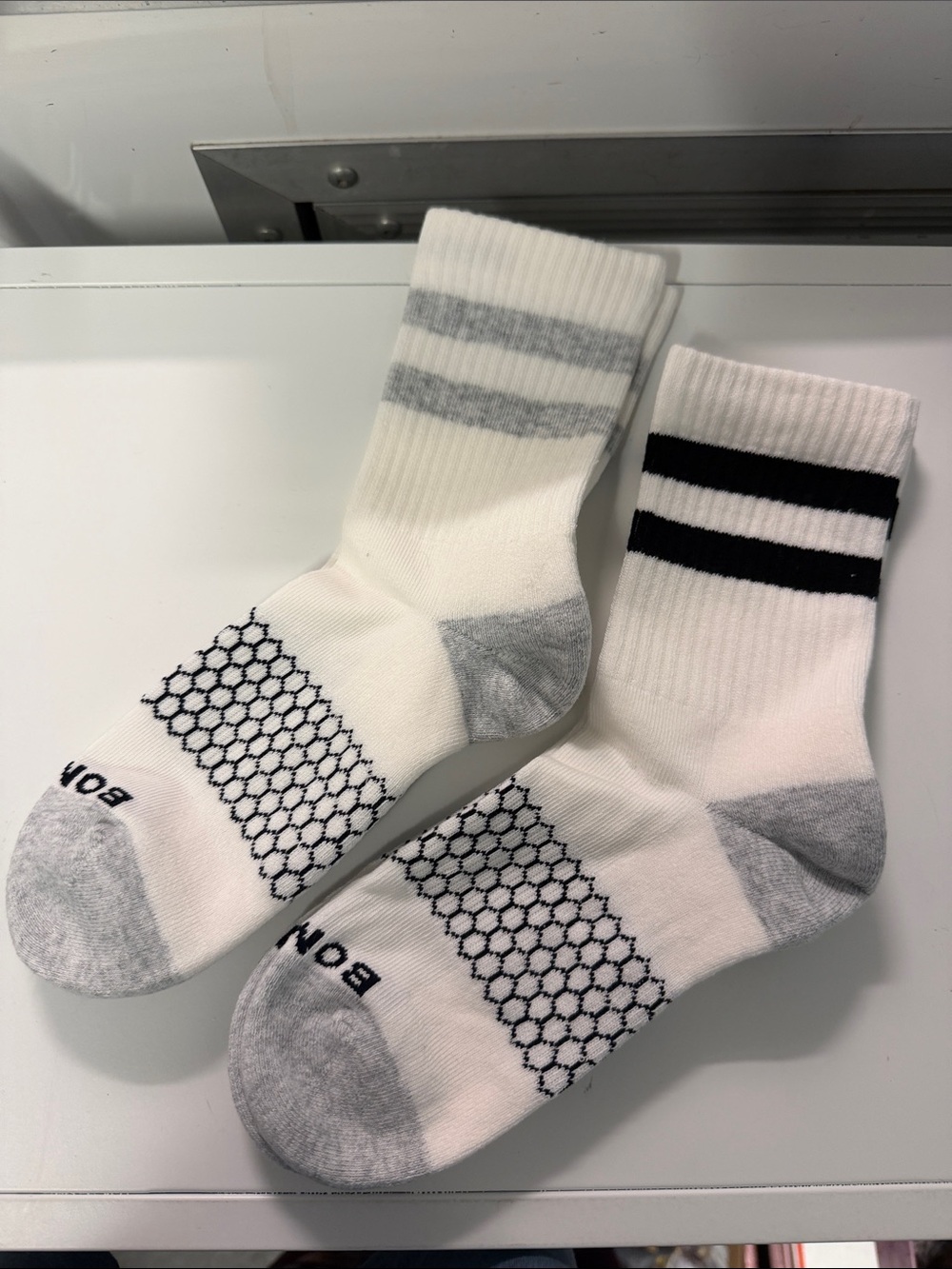 Bombas White Athletic Crew Socks with Gray and Black Accents
